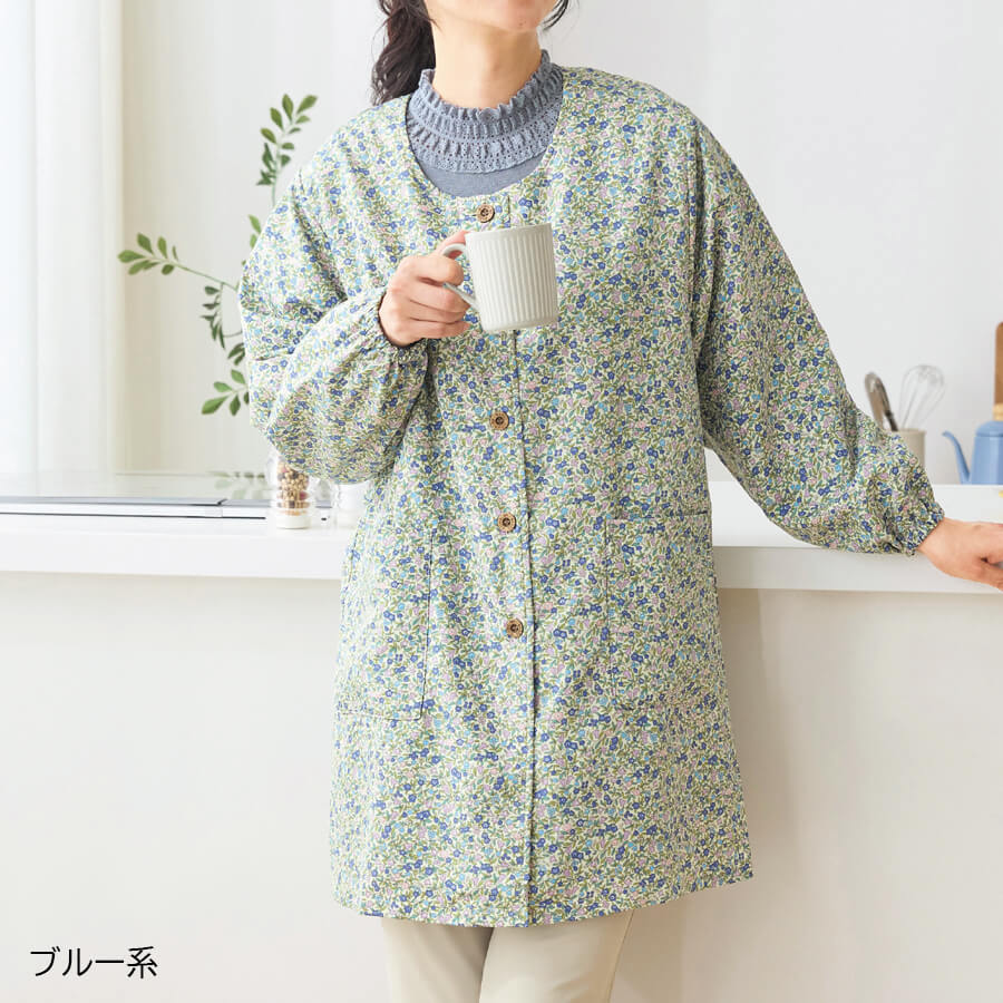 裏フリース小花柄スモック／ブルー系M～L | ことせ(ことせ通販)|60歳